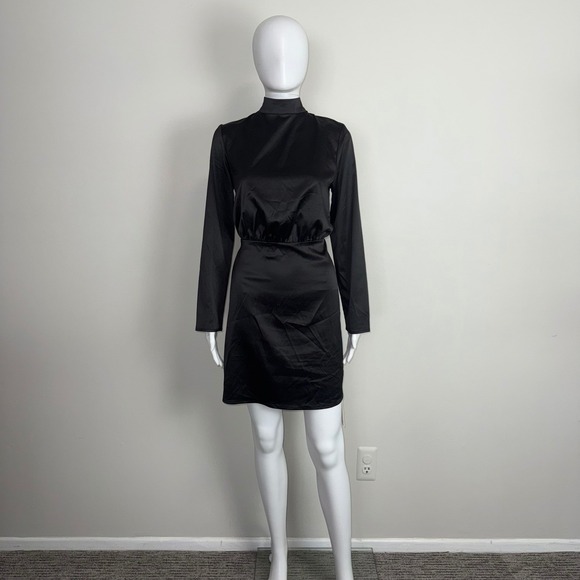 Commense Black Mini Dress Long Sleeve Mock Neck Tie Back Cocktail Bodycon M - Picture 8 of 17